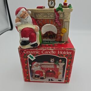 VTG Christmas Candle Holder Santa Clause Fireplace Toy Sack Votive Ceramic